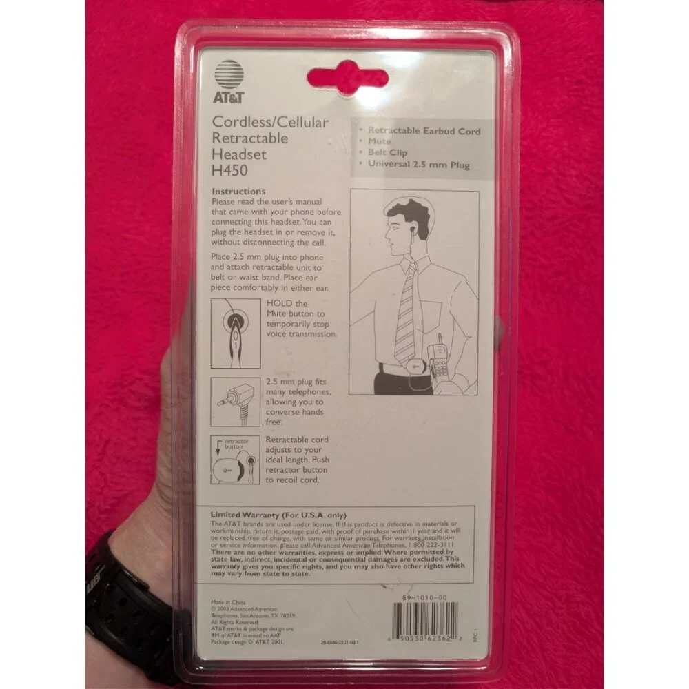 NEW AT&T H450 Cordless Cellular Retractable Headset 2.5mm Jack Earbud Mute Clip